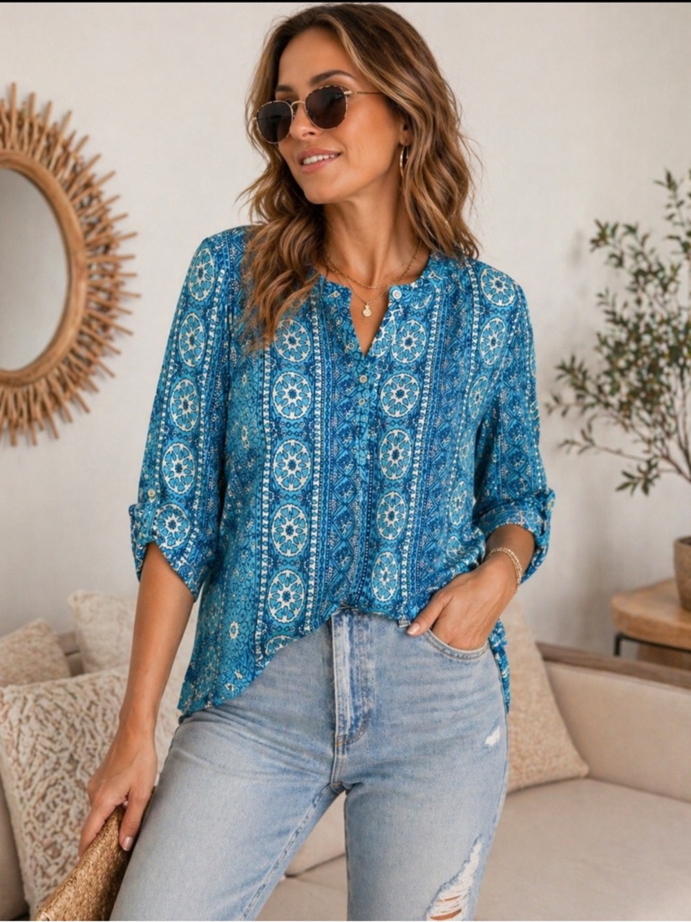 French Curve Blue Boho Medallion Print Blouse Size Large Lightweight
